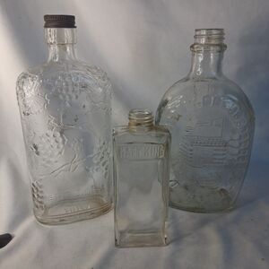 Lot of 3 Vintage Glass Bottles – Mary King, 1776 Liberty Bell Decanter, Embossed